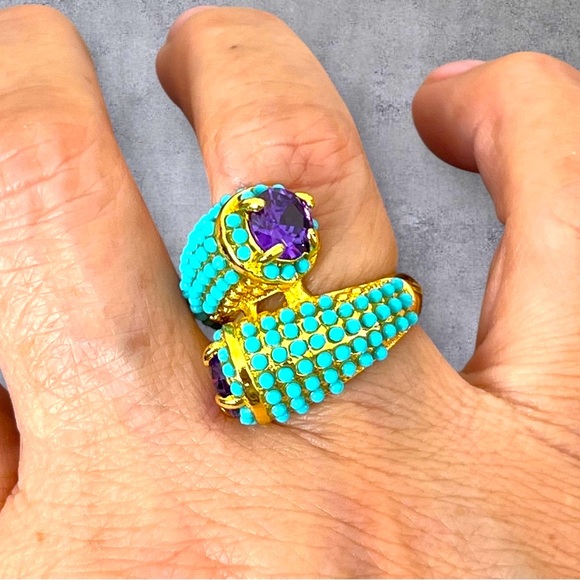 Gold plated twisted Purple CZ and turquoise beads ring various size - Picture 2 of 7